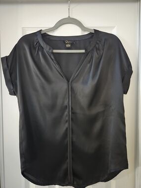 Vince Camuto Sleek Black Satin Short-Sleeve Blouse